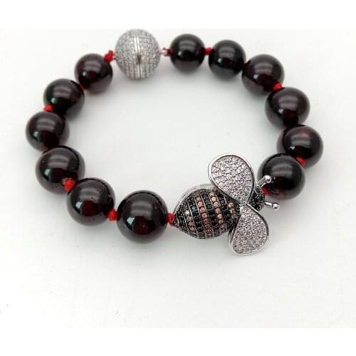 8'' natural Round Garnet Bracelet cubic zirconia Pave Bee Connector cute for women