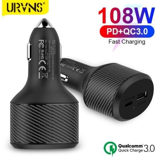 URVNS 108W Fast Car Charger,1port USB C PD 90W/65W/45W/30W/20W,1port QC3.0 for Xiaomi Type-C Laptop Tablet iPhone 12 Samsung