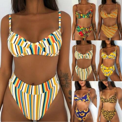 Floral Boho Bikini Women 2020 Summer Halter Bandage Push-up Bikini Set Mujer Triangle Swimwear Bathing Padded Bra Swimsuit