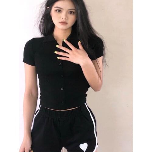 Elegant Solid Polos Top Women Slim Short Sleeve T- Shirt Turn-Down Collar Button Sport Crop Top Summer Women Casual T-Shirt
