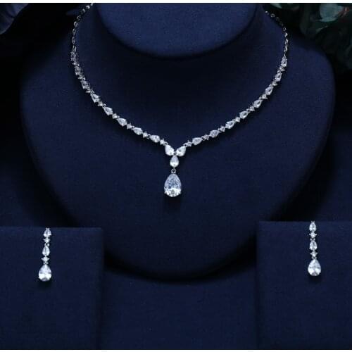 JANEKELLY CLEAR BEST QUALITY BRILLIANT CRYSTAL ZIRCON EARRINGS AND NECKLACE BRIDAL JEWELRY SET WEDDING DRESS ACCESSARIES