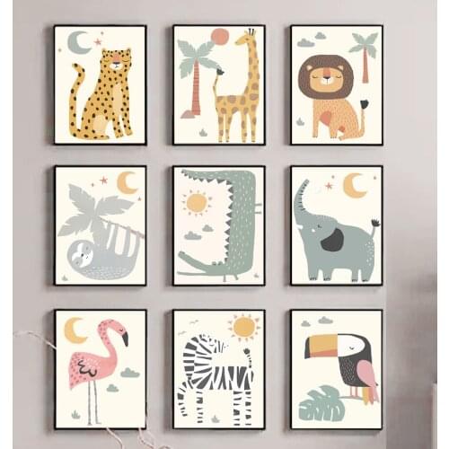 Cartoon Lion Giraffe Leopard Sloth Elephant Wall Art Canvas Painting Nordic Posters And Prints Wall Picture Baby Kids Room Decor