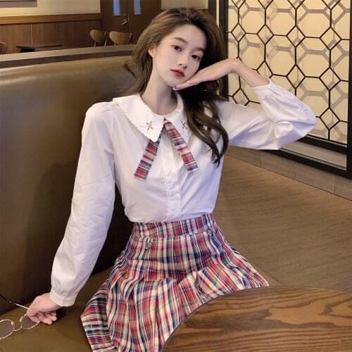 College style doll collar shirt jk lattice skirt strap skirt pleated high waist a-line short skirt sweet 2021 summer new
