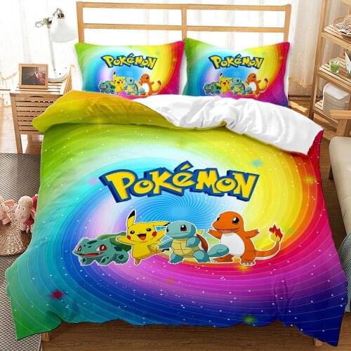 3 pcs Pokemon Bikachu Childrens cartoon anime bedding three-piece set Childrens room decoration Home Three-piece suit on bed