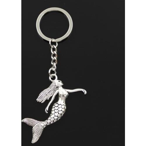 Fashion 30mm Key Ring Metal Key Chain Keychain Jewelry Antique Silver Color Plated Dancing Mermaid 57x53mm Pendant