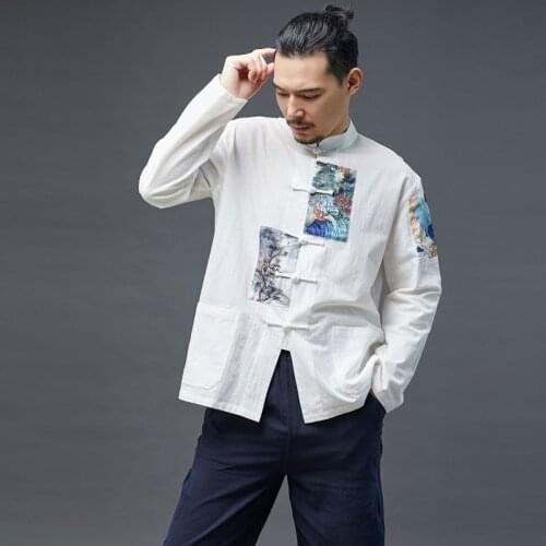 Men Chinese Traditional Tang Suit Jacket Wu Shu Tai Chi Kung Fu Shirt Long Sleeves Patchwork Hanfu Men Chinese Shirt 11179