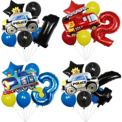 7pcs Cartoon Car Fire Truck Train Foil Balloons Set 30inch Number Air Globos Baby Shower Birthday Party Decorations Kids Toys