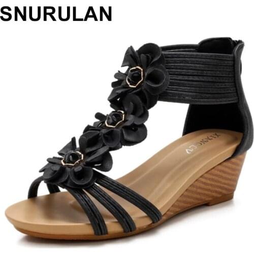 SNURULAN 2021 new ethnic style sandals womens slope with thick bottom collocation skirt summer new flowers Roman shoes