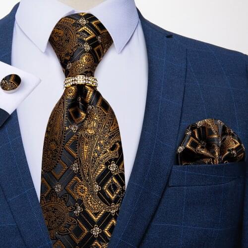 New Fashion Gold Black Paisley Mens Ties 8cm Width Bussiness Formal Wedding Ties Handkerchief Tie Ring Set Gift For Men DiBanGu