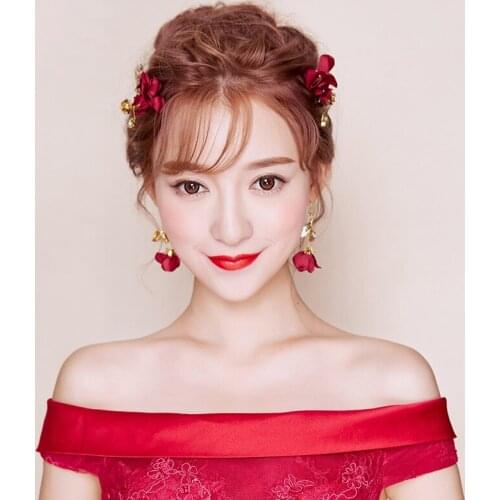 Romantic Elegant Bridal Headdress Set Alloy Rhinestone Cloth-Flower Hairnip Earring for Wedding Perform Studio Photo O619