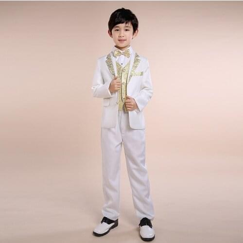 Formal Boys Suits for Weddings Cotton white Coat+Pants+Vest+Tie Kids Clothing Sets Children Formal Suits for boy 4pcs/set