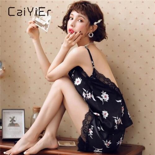 CAIYIER Sexy Lace Silk Satin Pajamas Set For Women Deep V-Neck Sling Backless Sleepwear Sexy Lingerie Summer Ladies Nightwear