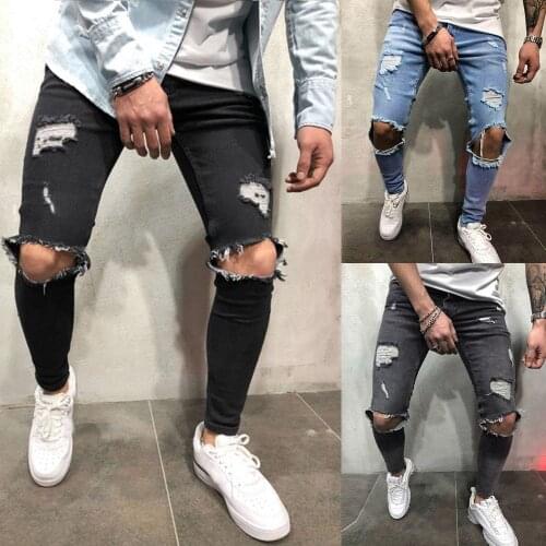 SAGACE Fashion Streetwear Mens Jeans Vintage Blue Skinny Destroyed Ripped Jeans Broken Punk Pants Homme Hip Hop Jeans Men A1126