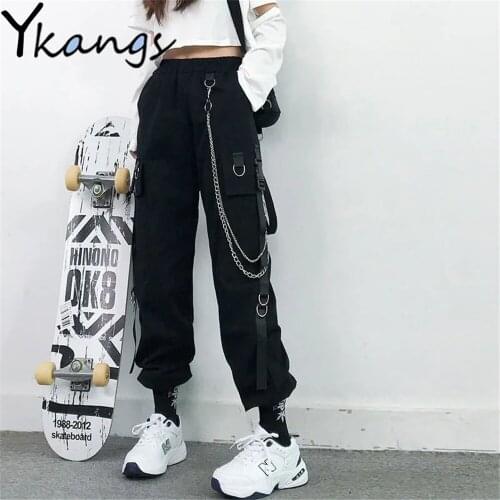 Cool Women Cargo Pants 2021 Harem Pants Fashion Punk Pockets Jogger Trousers With Chain Harajuku Elastics High Waist Streetwear