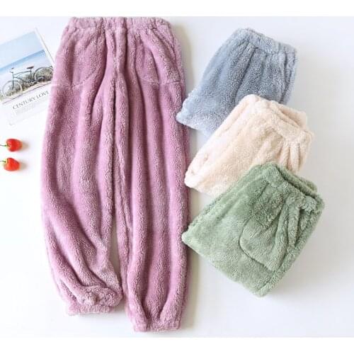 Autunm Winter New Women Soft Flannel Thick Sleep Bottoms Casual Keep Warm Ladies Home Pants Coral Velvet Longs Trousers Solid