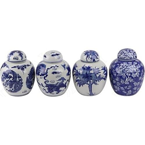 Blue and White Porcelain Ceramics Tea Caddy Painted Peony Living Room Vase Desktop Candy Organizer Home Decoration Ornaments