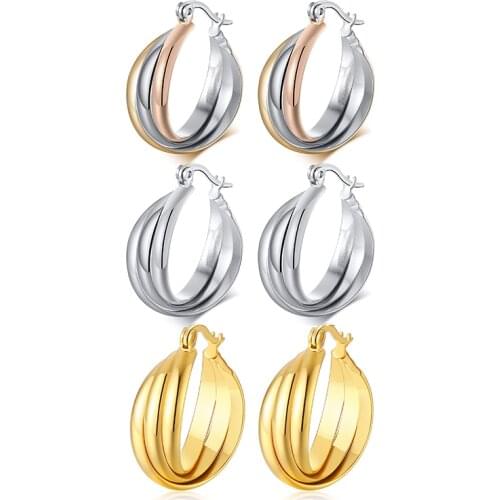 Three Triple Hoops Twist Earrings for Women Stainless Steel Bohe Huggies Lady Mom Wife Gift