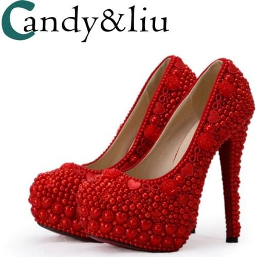 Red Peal Wedding Shoes Beaded Super High Heel Large Size Women Pumps with Platform for Party Banquet Bridesmaid Photography
