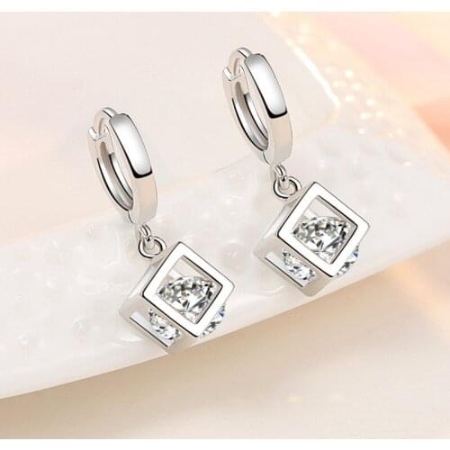 Vintage Princess Silver 925 Sterling Earrings For Women Accessories Fashion Crystal Cube Drop Earrings Girls Lady Jewelry Charm