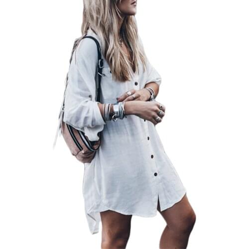 Women Shirts Dress Bikini Cover Ups 3/4Sleeve Irregular Hem Button-up Shirt Summer Beach Wear Sexy Mini Dress