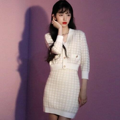 Women summer new tracksuit Houndstooth Plaid Pearls Buttons Knitted Sweater + High Waist Mini Skirt suitsTwo Piece sets