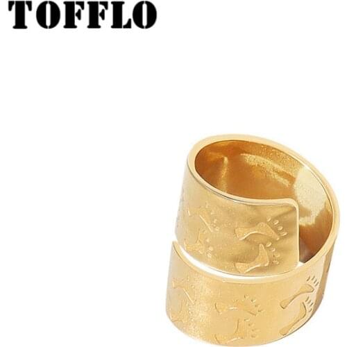 TOFFLO Stainless Steel Jewelry Misplaced Double-Layer Stone Print Spiral Ring For Womens Exaggerated Hip-Hop Cool Ring BSA140