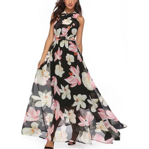Womens Summer Dress 2020 Top Fashion Boho Floral Print Chiffon Beach Dresses Sexy Loose Long Dress Elegant Party Maxi Dresses