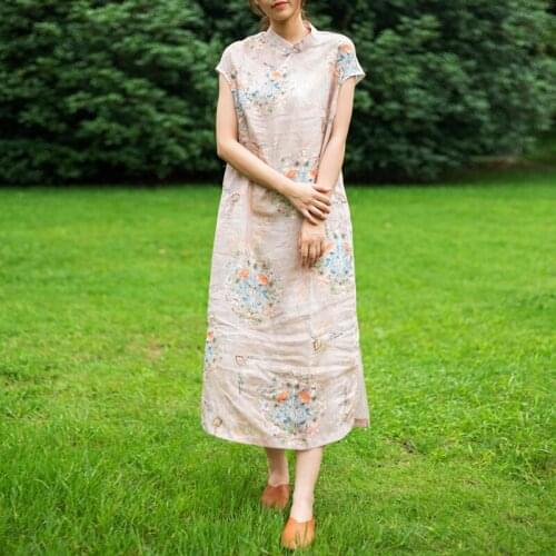 FairyNatural Ladies Ramie Print Floral Cheongsam Dresses Stand Collar Collar Button 2021 Summer Women Chinese Style Dress