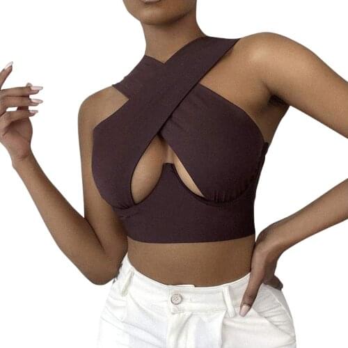 2021 Sexy Womens Tank Top Crisscross Cut Out Vest Halter Wrap Crop Top Solid Cami Tank Tops Summer Tops for Bar&Party
