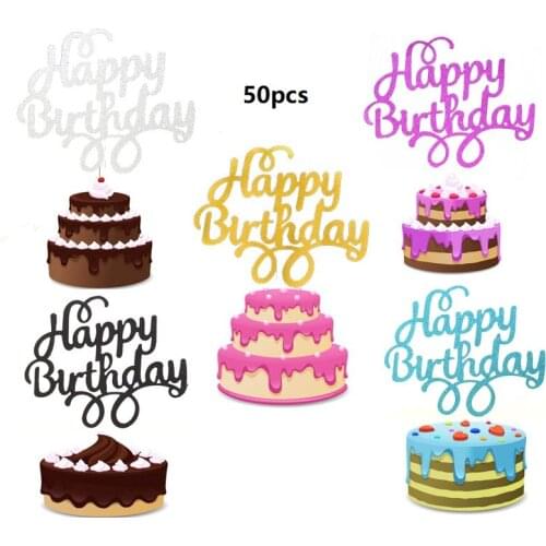 50pcs Cake Decorations Gittler Happy Birthday Cake Topper Bling Sparkle Decoration Sign Cake Topper for Birthday Decor Cupcake