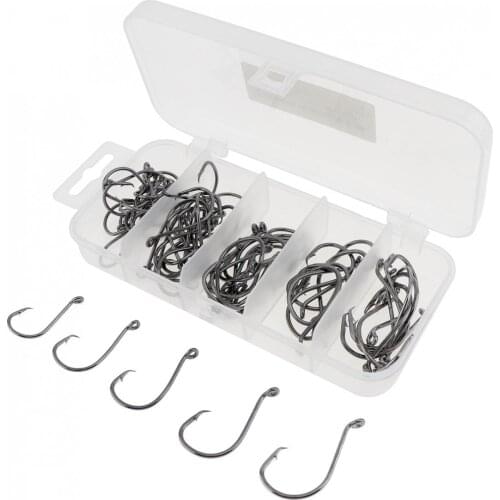 75pcs/set Mixed Size 1# 1/0# 2/0# 3/0# 4/0# High Carbon Steel Fishing Hook Sets Black Nickel with Lure Plastic Box