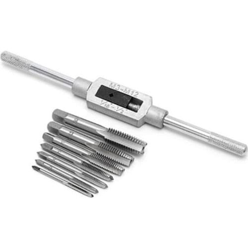 8pcs Thread Metric Machine Hand Screw Thread Plug Taps Set M3 M4 M5 M6 M8 M10 M12 with 1pcs Adjustable Tap Wrench 1/16-1/2