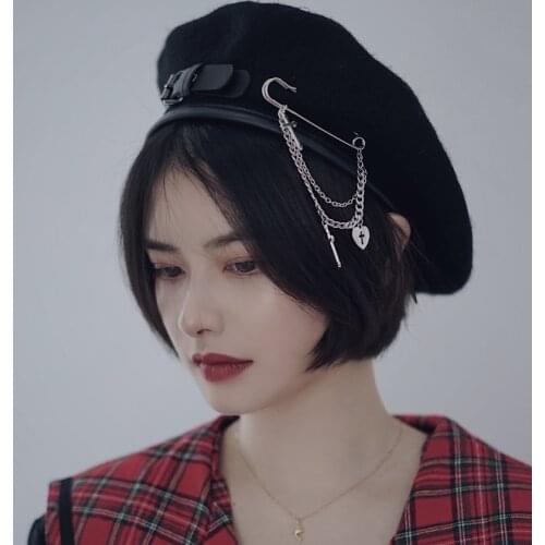 Ruibbit Punk Rock Gothic Tassel Metal PU Leather Patchwork Wool Beret Cap Harajuku Vintage Lolita Beret Hats Womens Hats