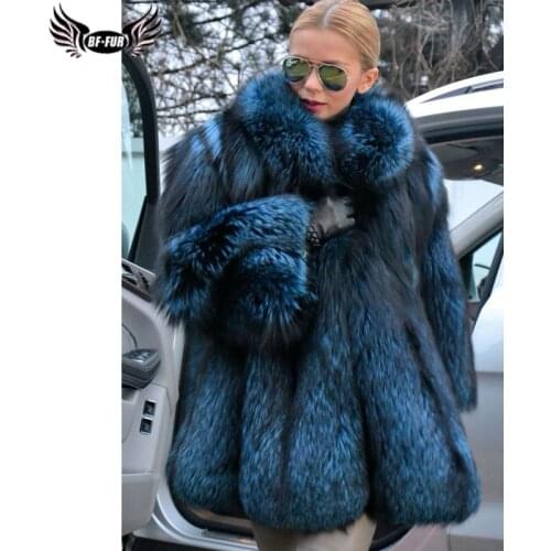 BFFUR Royal Blue Natural Fox Fur Coats Winter Thick Warm Women Genuine Whole Skin Silver Fox Fur Overcoats Luxury Fur Coats 2021