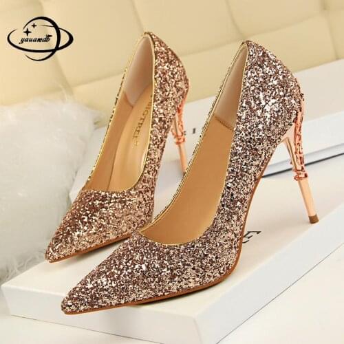 24-40 Womens Pumps Female Spring Autumn 9.5cm High Heels Pumps Slip-on Platform Party Pointed Toe Sequins Ladies Shoes H64