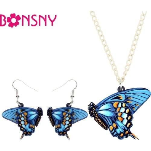 Bonsny Acrylic Elegant Flying Blue Butterfly Earrings Necklace Collar Insect Jewelry Sets For Women Girl Decorations Accessories