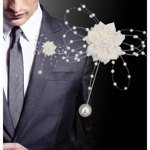 New Ivory Pearls Beaded Satin Flowers Pin Bridal Corsages Pearl Beads Flowers for Wedding Groom Boutonniere XH0679-17