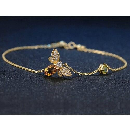 DANS ELEMENT Bee 5X7mm 100% Natural Oval Citrine 925 Sterling Silver Jewelry Gold-color Chain Charm Bracelet S925 DEHI002