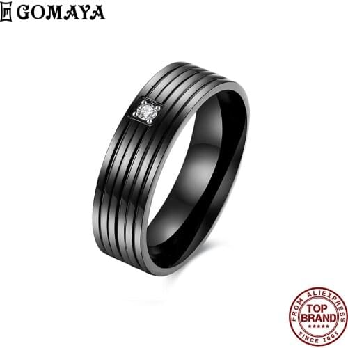 GOMAYA 316L Stainless Steel Vintage Punk Stripe Design Unisex Rings Gothic Inlaid White Zircon Ring Fashion Jewelry Simple Style