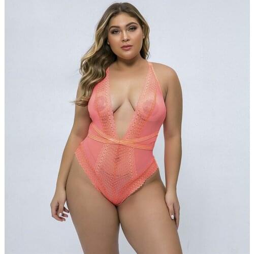 Plus Size Deep V Neck lace bodysuit transparent female body hot sexy teddies 2020 jumpsuits women deep V mesh Bodysuit