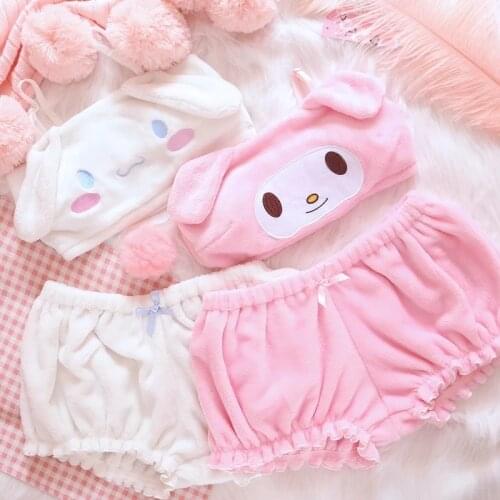 Pink White Kwaii Velvet Tube Top Panties Set for Girls Adorable Underwear Anime Long Ear Doggy Bra and Bloomers