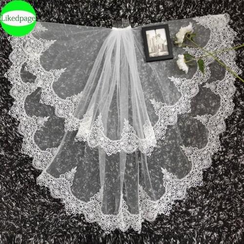 Short Wedding Bride Veil 2021 Two Layer Voile Mariage Welon Slubny Lace Edge Velo De Novia Sposa Weeding Accessoire Metal Comb