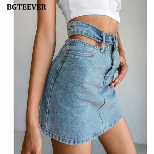 BGTEEVER Spring Summer Chic Hollow Out High Waist Pockets Denim Mini Skirts for Women Casual Slim Female Pencil Jeans Skirts