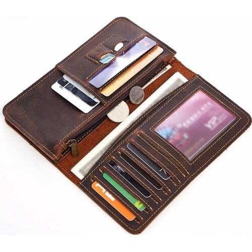 Genuine Leather Mens Wallet Crazy Horse Leather Business Retro Multi-Card Position Clutch Fashion Casual Long Wallets Mens Bag