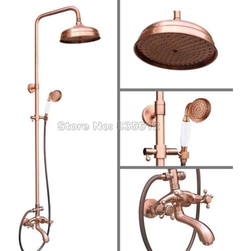 8 inch Shower Head Bathroom Wall Mounted Antique Red Copper Luxury Rain Shower Faucet Set /Dual Cross Handles Mixer Tap Wrg504