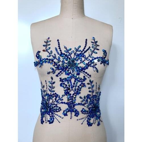 32*32cm handmade crystal patches sew on deep blue rhinestones applique trim for dress accessories