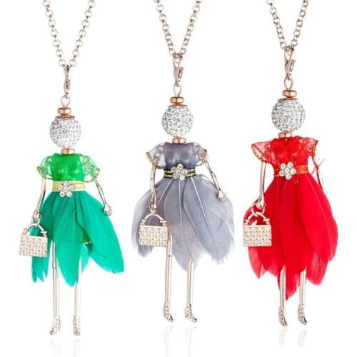 Crystal Doll Necklace For Women 8 Color Irregular Feather Dress Pendant Necklace Gold Chain Rhinestone Jewelry Girl Gift Bijoux