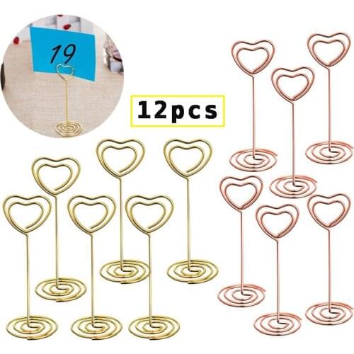 12 Pcs Golden Heart Shape Photo Holder Stands Table Number Holders Place Card Paper Menu Clips for Wedding Party Decor or Office
