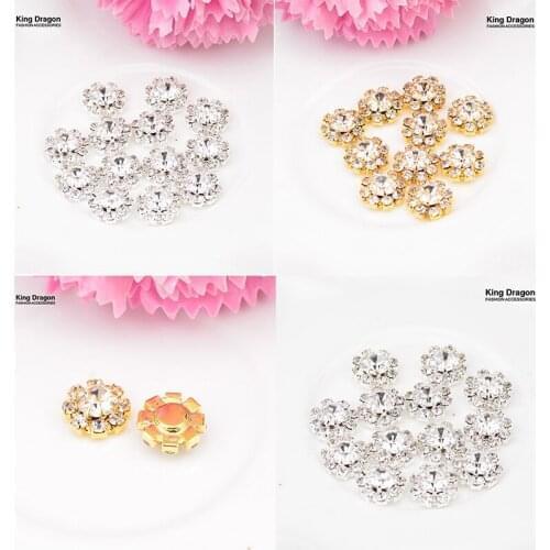 King Dragon Clear Rhinestone Button Sew On Flower Center 10MM 100PCS/Lot Flat Back Gold Color Or Silver KD537