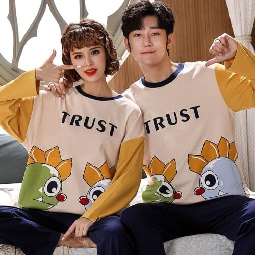 Boy Girl Pullover Long Sleeve Trousers Pajama Fashion Cartoon Jammies Casual Couples Lovers O-Neck Nightwear Pyjamas 6535 Cotton